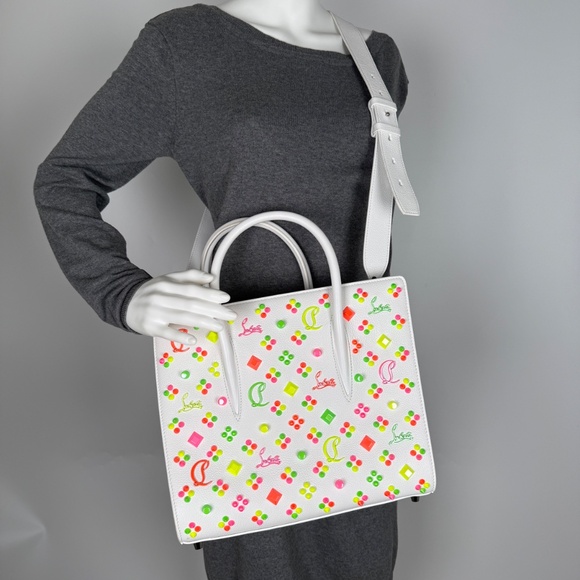 Sold Christian Louboutin Paloma Medium Spike Loubinthesky White Neon Tote Bag - Picture 3 of 11